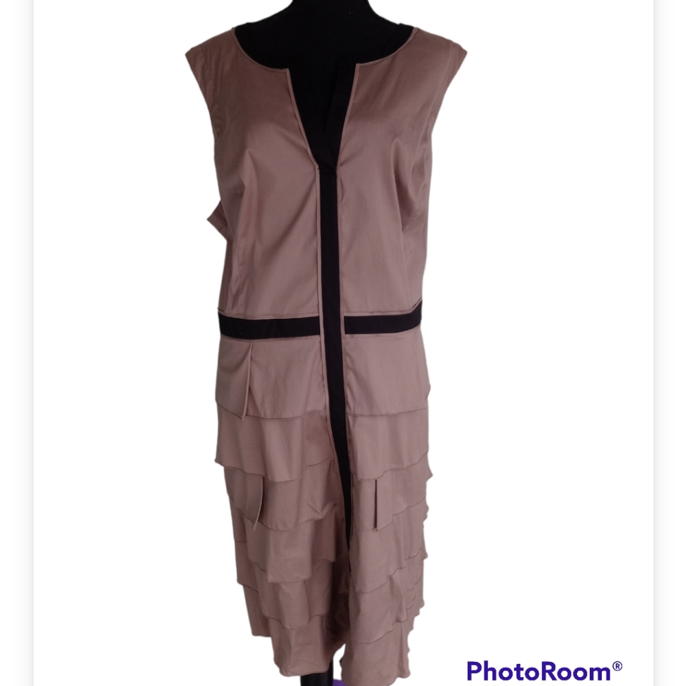 Alfani Truffle Brown and Black Lined Luxury Ruffled Tiered Sleeveless Midi Dress